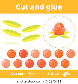 Vector illustration. Education paper game for preschool kids. Use scissors and glue to create the image. wild berry cloudberry.