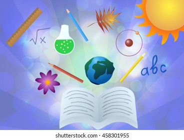 Vector Illustration. Education in school. Open book and study subjects.