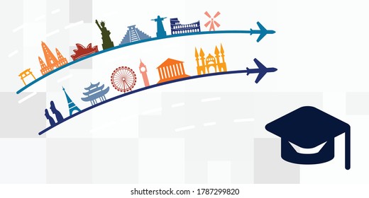 Vector Illustration Of Education And Travelling For Studying Abroad Visuals