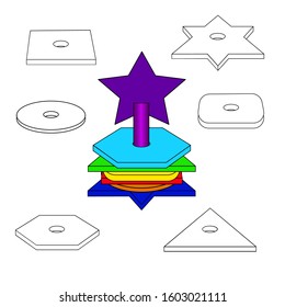 Vector illustration. Educational coloring book with geometric details of a multi-colored pyramid for preschool children. Studying the color and determining the shape of the fragment.