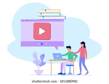 Vector illustration. Educational concept, modern flat design. Online Learning with characters sitting at a desk and studying on a laptop with colleagues. for banners, mobile apps, landing pages.