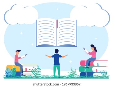 Vector illustration of educational concept. Students read a book in the library of literary club meeting. The reading hobby community. A social group with an interest in stories or poetry.