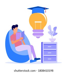 Ilustración vectorial del concepto educativo, joven sentado leyendo un libro en la habitación. aprende de casa.