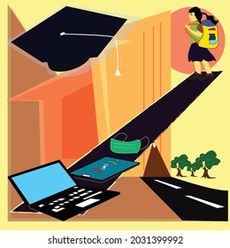 Vector illustration of educational conditions in a pandemic situation. Concept of Students completing education, college, with online to school COVID-19 education flat design illustration, banner.