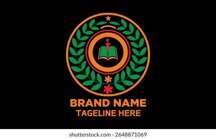 Vector illustration of an educational emblem logo featuring a green laurel wreath, an open book, and a torch symbol in the center.