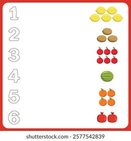 Vector illustration of an educational, entertaining children's greeting card with fruits.