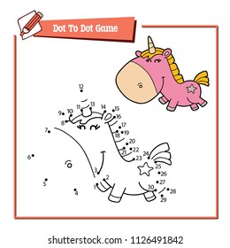 Vector illustration educational game of dot to dot kid puzzle with happy cartoon unicorn for children