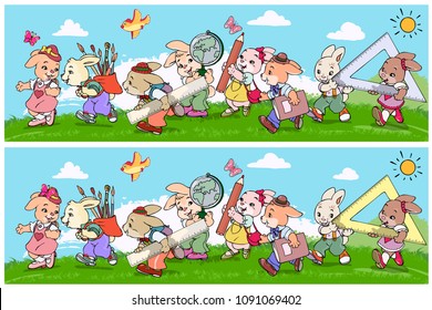 Vector illustration, educational game, find the 10 differences between images, card concept.