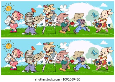 Vector illustration, educational game, find the 10 differences between images, card concept.