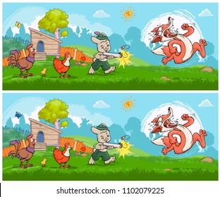 Vector illustration, educational game, find the ten differences between images, card concept.
