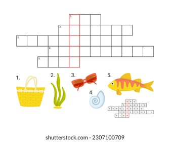 Vector illustration. Educational game for kids. Crossword puzzle. Summer, beach.