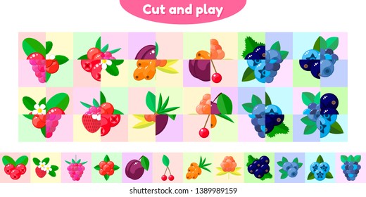 Vector illustration. Educational game for preschool and school age children. Cut and collect correctly. Berries. Puzzle for kids.