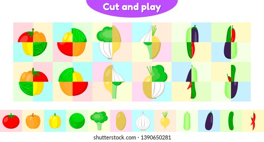 Vector illustration. Educational game for preschool and school age children. Cut and collect correctly. Vegetable. Puzzle for kids.