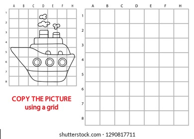 Vector illustration of educational grid copy puzzle with cartoon ship for children