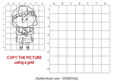 Vector illustration of educational grid copy puzzle with happy cartoon girl and bird for children