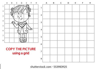 Vector illustration of educational grid copy puzzle with happy cartoon girl  for children