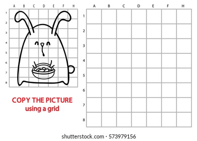 Vector illustration of educational grid copy puzzle with happy cartoon Easter bunny for children
