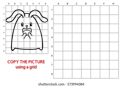Vector illustration of educational grid copy puzzle with happy cartoon Easter bunny for children