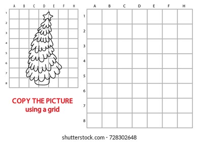 Vector illustration of educational grid copy puzzle with cartoon christmas tree for children