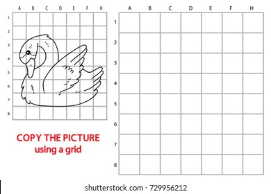 Vector illustration of educational grid copy puzzle with cartoon swan character for children