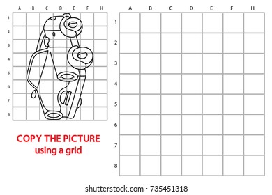Vector illustration of educational grid copy puzzle with cartoon car for children