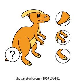 Vector illustration educational kid game Find missing piece with cute cartoon dinosaur character for children 