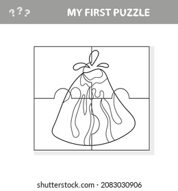Vector illustration educational kid game with cute cartoon volcano for children. Jigsaw puzzle. My first puzzle and coloring page