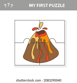 Vector illustration educational kid game with cute cartoon volcano for children. Jigsaw puzzle. My first puzzle