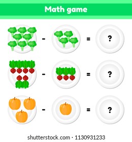 vector 
illustration. Educational a mathematical game. Logic task for children. subtraction. Vegetables. Broccoli, beets, pumpkin
 