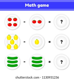 vector 
illustration. Educational a mathematical game. Logic task for children. subtraction. Vegetables. Tomato, pepper, cucumber
 