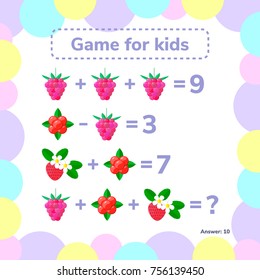 Vector illustration. Educational a mathematical game. Logic task for children. Addition, subtraction