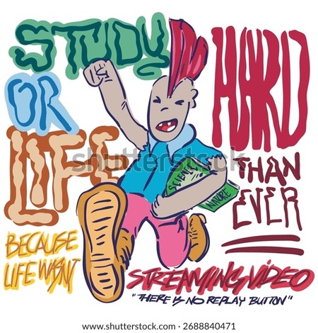 Vector illustration for educational motivation, with punk rock boys run while holding science book.