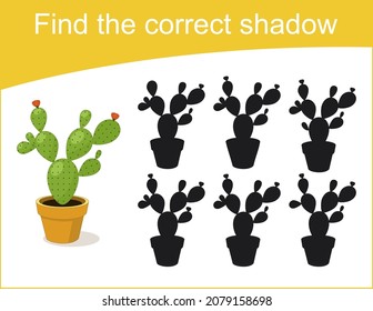 Vector illustration of educational shadow matching game with  сactus for children. Find the correct shadow.