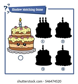 Vector illustration of educational shadow matching game with cartoon birthday cake for children