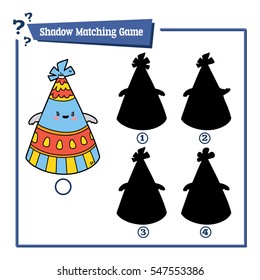 Vector illustration of educational shadow matching game with cartoon party hat for children