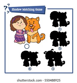 Vector illustration of educational shadow matching game with cartoon girl and dog for children