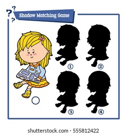 Vector illustration of educational shadow matching game with cartoon girl for children