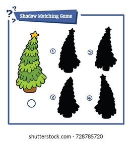 Vector illustration of educational shadow matching game with cartoon christmas tree for children