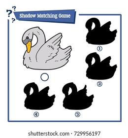 Vector illustration of educational shadow matching game with cartoon swan character for children