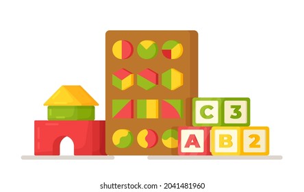 Vector illustration of educational toys. Toys for kindergarten. 