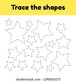 Vector illustration. Educational tracing worksheet for kids kindergarten, preschool and school age. Trace the geometric shape.  Dashed lines. Star.