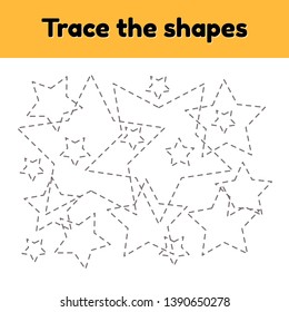 Vector illustration. Educational tracing worksheet for kids kindergarten, preschool and school age. Trace the geometric shape.  Dashed lines. Star.