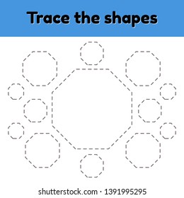 Vector illustration. Educational tracing worksheet for kids kindergarten, preschool and school age. Trace the geometric shape.  Dashed lines. octagon.
