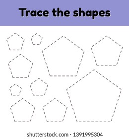 Vector illustration. Educational tracing worksheet for kids kindergarten, preschool and school age. Trace the geometric shape.  Dashed lines. pentagon.