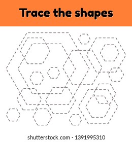 Vector illustration. Educational tracing worksheet for kids kindergarten, preschool and school age. Trace the geometric shape.  Dashed lines. hexagon.