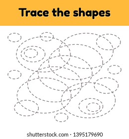 Vector illustration. Educational tracing worksheet for kids kindergarten, preschool and school age. Trace the geometric shape.  Dashed lines. Oval.
