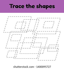 Vector illustration. Educational tracing worksheet for kids kindergarten, preschool and school age. Trace the geometric shape.  Dashed lines. Parallelogram. 