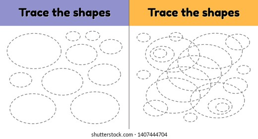 Vector illustration. Educational tracing worksheet for kids kindergarten, preschool and school age. Trace the geometric shape.  Dashed lines. Oval.
