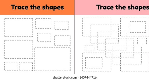 Vector illustration. Educational tracing worksheet for kids kindergarten, preschool and school age. Trace the geometric shape.  Dashed lines. Rectangle.
