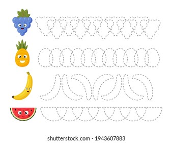 Vector illustration. Educational tracing worksheet for kids kindergarten, preschool and school age. Trace the fruits.  Dashed lines. 